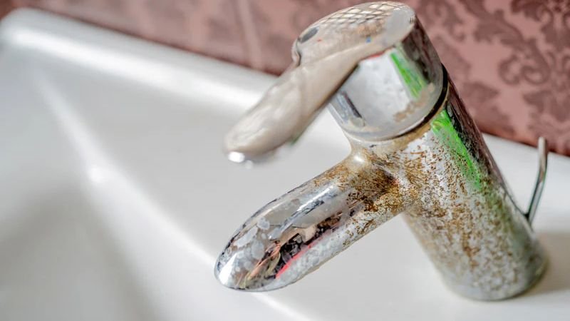 A stained bathroom faucet, showcasing the impact of hard water, emphasizing the importance of a stain removal service.